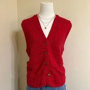 Marsh Landing Vintage Red Textured Knit Button Front Sweater Vest Women's Large
